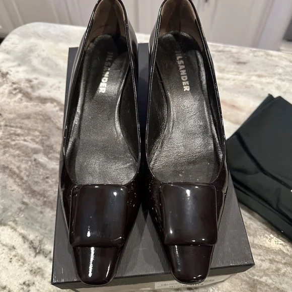 Vintage Jil Sander Burgundy Patent Leather Square-Toe Pumps – Size 8 – Italy - Picture 1 of 12